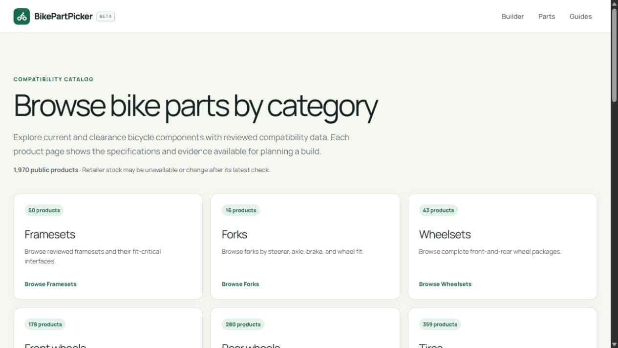 BikePartPicker parts catalog showing frameset, fork, and wheelset categories