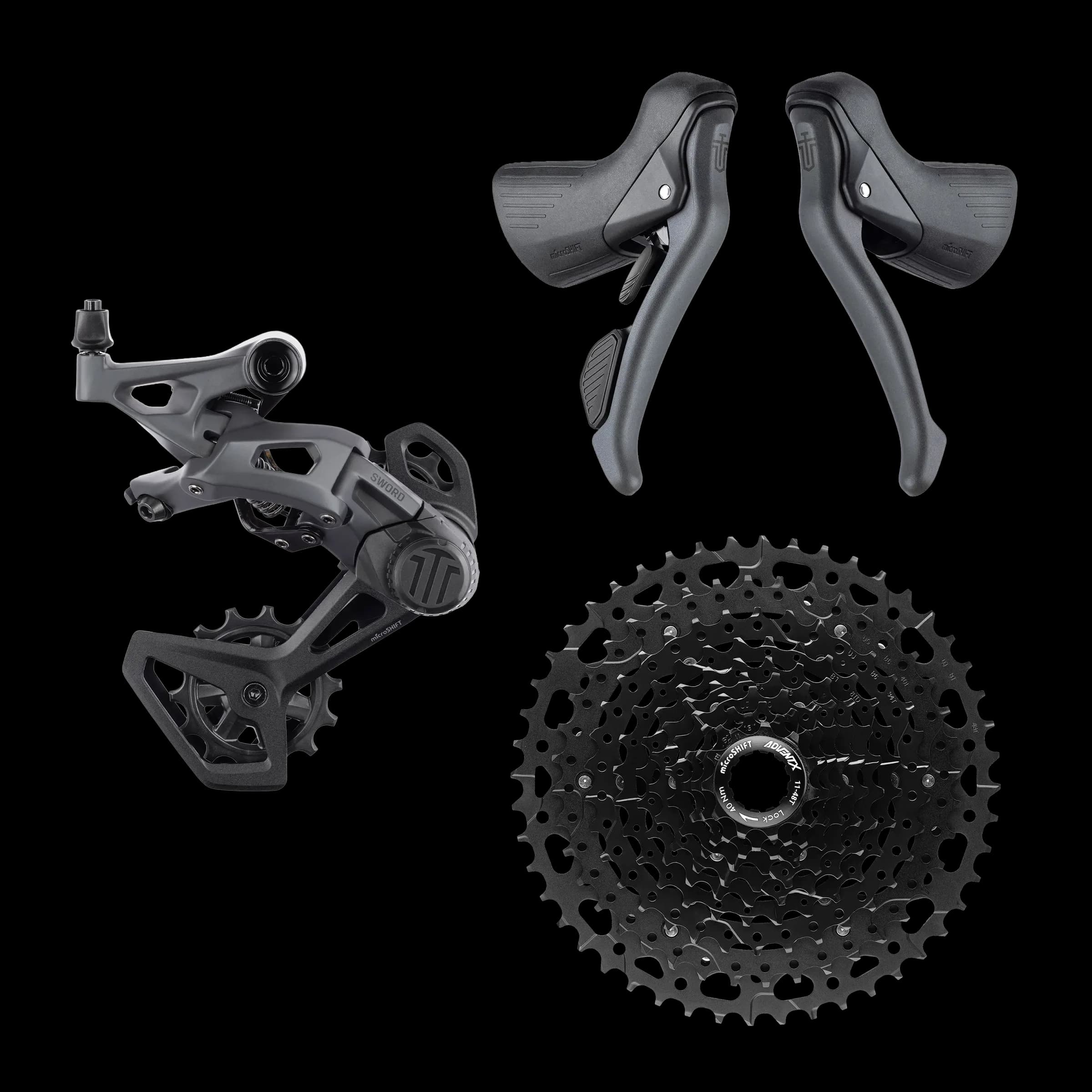 microSHIFT Sword 1x10 groupset with shifters, rear derailleur, and cassette